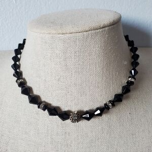 Vintage Austrian Black Glass Crystal Bicone Bead Choker Necklace
